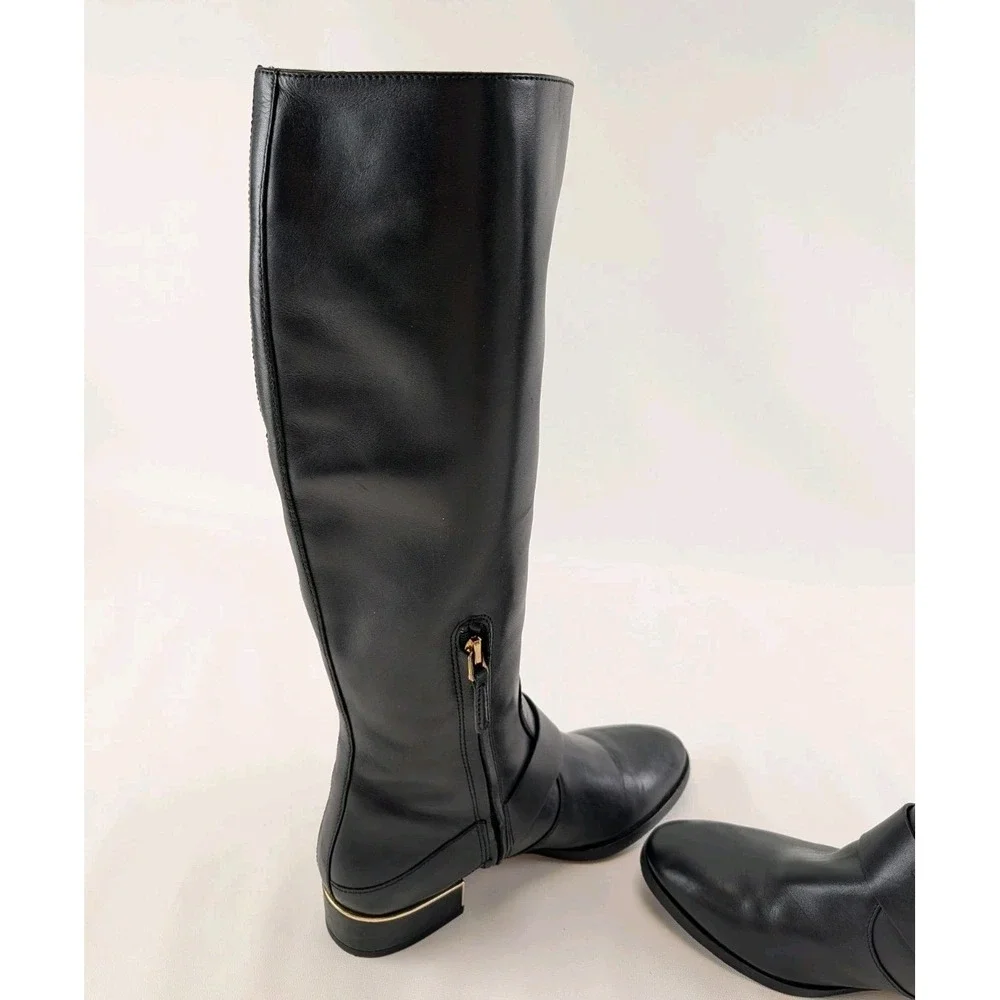 Tory Burch Womens Black Leather Riding Boots Sz 7.5M Gold Logo Buckle Knee High‎